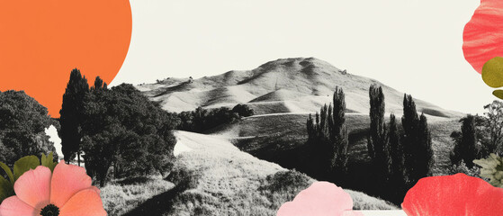 Poster - Minimalist collage featuring distorted landscape with geometric shapes and flowers