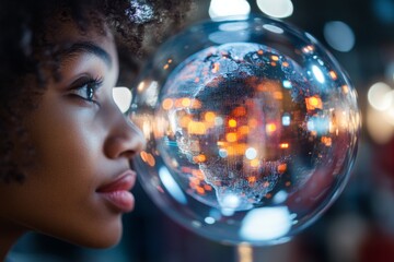 Poster - Holographic World Vision Futuristic Globe Display with Diverse Young Adults - Tech-Infused Unity for Modern Business and Inclusive Marketing Campaigns