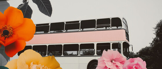Aufkleber - Minimalist collage featuring geometric shapes and a double-decker bus against floral backdrop