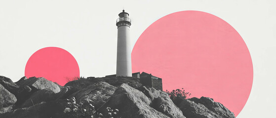 Poster - Minimalist collage of a lighthouse on rocky coast with geometric shapes and floral elements