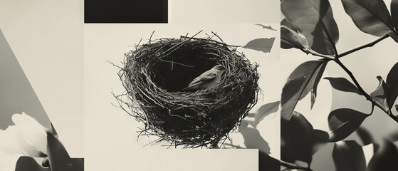 Poster - Minimalist collage featuring a bird's nest and geometric shapes on a white background
