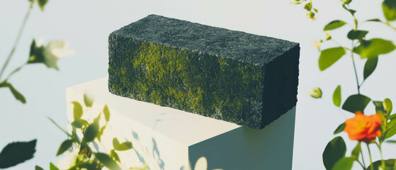 Poster - Minimalist collage blending geometric shapes and natural elements with a mossy ceramic brick