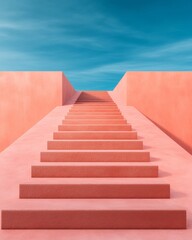 Aufkleber - Contemporary Desert Oasis Architecture Terracotta Stairway to Azure Sky - Aesthetic Content for Sustainable Urban Development and Inspirational Commercial Spaces