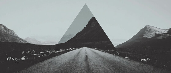 Poster - Explore new adventures on an open road leading to distant mountains with floral accents