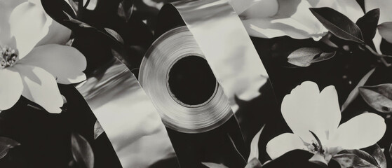 Poster - Minimalist collage featuring geometric shapes and a roll of tape with floral background