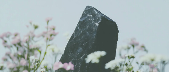 Poster - Minimalist collage of geometric shapes and flowers featuring rough stone close-up