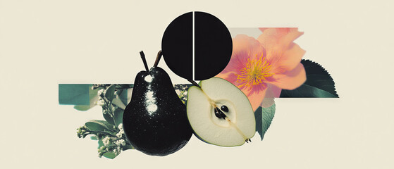 Poster - Minimalist collage featuring a black-and-white pear and floral geometric shapes on white background