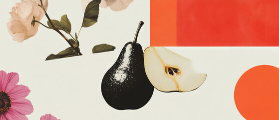 Poster - Minimalist collage featuring geometric shapes and floral elements with a pear