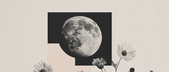 Poster - Minimalist collage showcasing geometric shapes and a pixelated moon on a white backdrop
