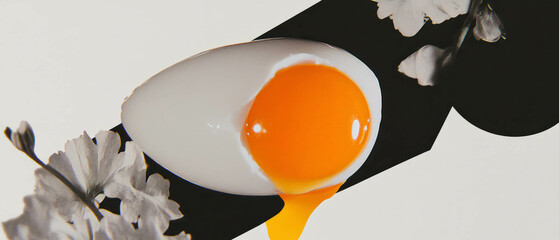 Poster - Creative minimalist collage featuring a cracked egg with yolk on a white background