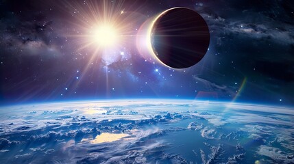 Wall Mural - stunning lunar eclipse in space featuring the moon, earth, and radiant sun in a panoramic cosmic vie