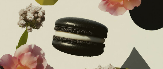 Poster - Minimalist collage featuring a black-and-white macaron against geometric shapes and flowers