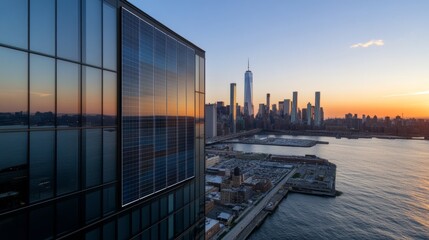 Poster - Aerial Urban Solar Integration Modern Glass Facade with Industrial Photovoltaic Panels - Commercial Energy Solution and Urban Infrastructure Efficiency in Business Sustainability