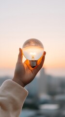 Poster - Modern Visionary Leadership Hand Holding Lit Globe with Urban Skyline in Background - Illuminated Business Strategy and Innovative Development for Corporate Growth