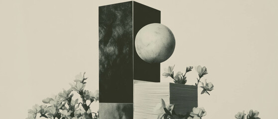 Poster - Minimalist collage featuring geometric shapes and nature elements on a clean background