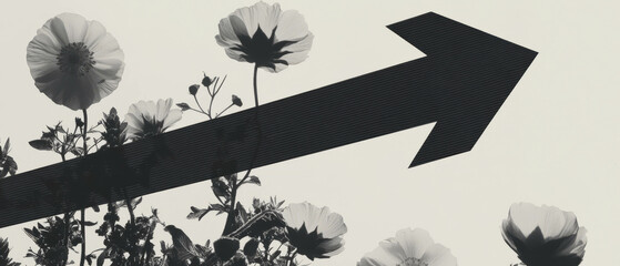 Poster - Minimalist collage featuring geometric shapes and flowers with a pixelated arrow design