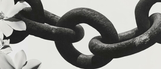 Poster - Minimalist collage showcasing a forged chain link amidst geometric shapes and flowers