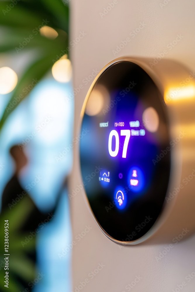 Futuristic AI Smart Thermostat on Minimalist White Wall Energy