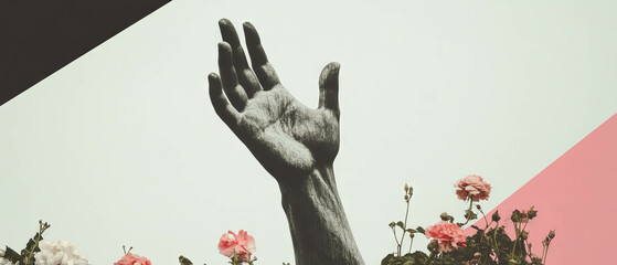 Poster - Collage of a statue's hand reaching upward among geometric shapes and flowers