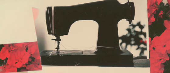 Aufkleber - Collage of a sewing machine with geometric shapes and floral elements on a white background