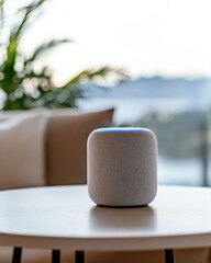 Fototapete - AI-Enhanced Minimalist Smart Home Modern Smart Speaker and Ambient Lighting in Contemporary Metallic Decor for Middle-Aged Users - Home Tech and Lifestyle Innovation