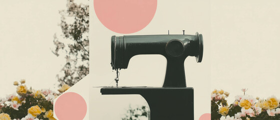 Aufkleber - Collage of sewing machine amid floral patterns and geometric shapes in a minimalist style