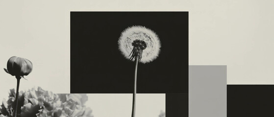 Poster - Minimalist collage featuring dandelion seed head in a geometric floral background