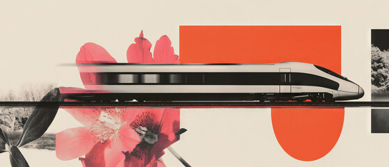 Poster - Minimalist collage featuring a high-speed train with floral elements and geometric shapes