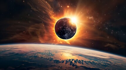 Wall Mural - stunning lunar eclipse in space featuring the moon, earth, and radiant sun in a panoramic cosmic vie