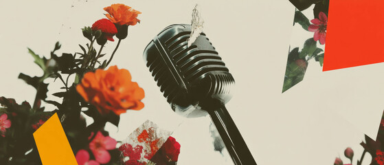 Poster - Collage of geometric shapes and flowers combined with a reflection of a microphone