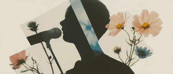 Poster - Minimalist collage of geometric shapes with floral elements and microphone reflection
