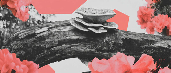 Poster - Minimalist collage featuring geometric shapes and a close-up of a fallen log with fungi