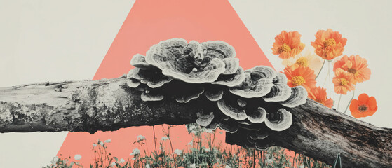 Poster - Fallen log adorned with fungi set against a minimalist geometric collage