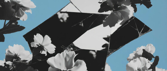 Poster - Exploration of reflection and distortion in a minimalist collage of geometric shapes and flowers
