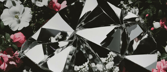 Poster - Exploring reflections in a minimalist collage featuring broken mirror and floral elements