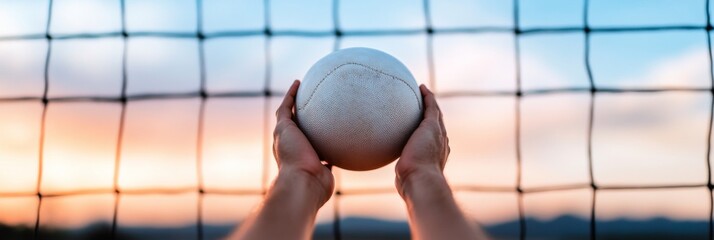 Poster - Dynamic Volleyball Moment Textured Ball with Hands Reaching Over Net - Game Performance Visuals for Sports Marketing and Training Excellence