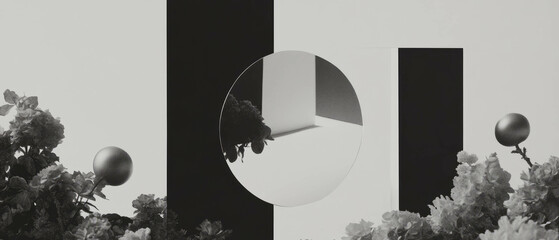 Poster - Minimalist collage featuring geometric shapes and floral elements reflecting into a mirror