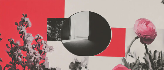 Aufkleber - Minimalist collage featuring geometric shapes, flowers, and a reflective mirror in an empty room