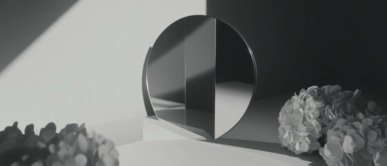 Aufkleber - Minimalist collage design featuring a mirror and geometric shapes on a white background