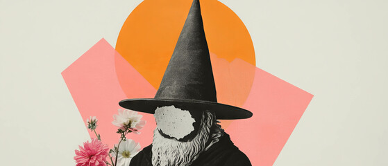 Poster - Colorful minimalist collage with a garden gnome and geometrical shapes on a white background