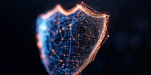 Aufkleber - Cyber Futurism Network Protection Graph of Interconnected Nodes in Luminous Shield Shape - Advanced Digital Security Visualization for Enterprise System Defense