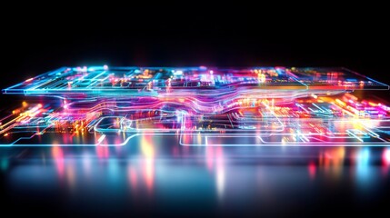 Poster - Vibrant neon circuit board with glowing pathways and colorful light effects in a dark environment
