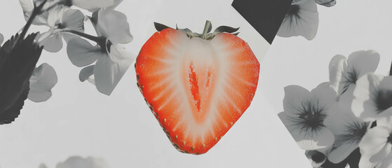 Aufkleber - Minimalist collage featuring a strawberry cut in half with floral elements
