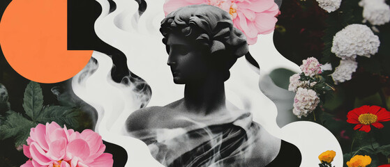 Poster - Exploration of form and nature in a minimalist collage featuring geometric shapes and flowers