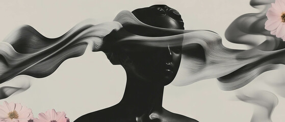 Poster - Minimalist collage featuring a statue with swirling smoke and floral elements on a white background