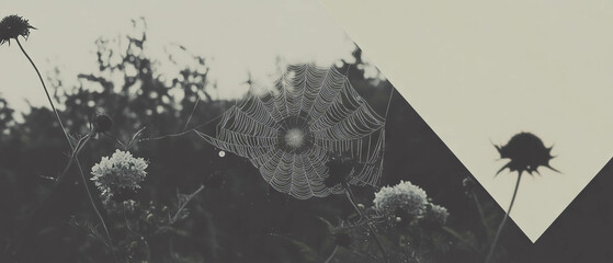 Poster - Minimalist collage showcasing a web adorned with dew under moonlight with floral elements