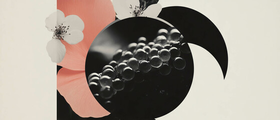 Aufkleber - Minimalist collage featuring fish roe with floral elements on a white background