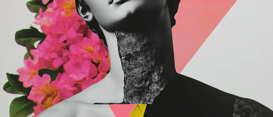 Poster - Minimalist collage featuring a cracked statue neck and geometric shapes amidst floral elements