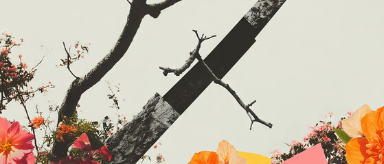 Poster - Minimalist collage of a grafting branch with geometric shapes and flowers on a white background