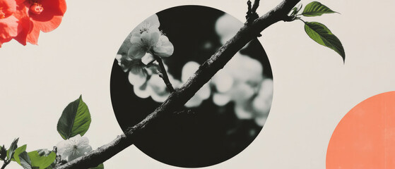 Poster - Minimalist collage of grafted tree branch with geometric shapes and flowers in the background
